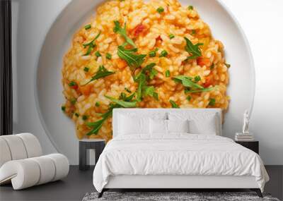 plate of risotto top view isolated on white background, ai generated Wall mural