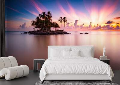 Beautiful seascape with palm trees and sunset. Nature composition. Wall mural