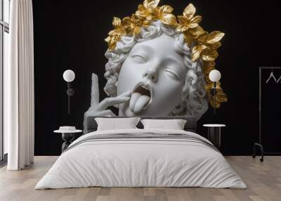 Playful marble statue of a woman with a golden wreath Wall mural