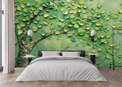 Textured green leaves on a painted background Wall mural