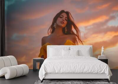 Woman in Yellow Dress Walking at Sunset Wall mural