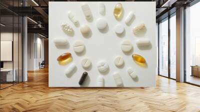 A close-up of various colorful pills and capsules arranged in a circular pattern on a white surface Wall mural