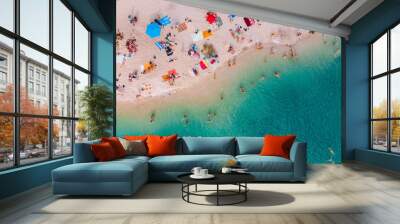 aerial view of sunny sandy beach with blue azure water Wall mural