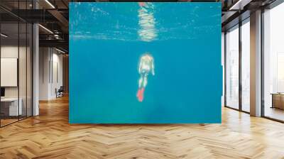 man in underwater in flippers looking at sea bottom Wall mural