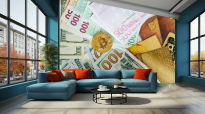 money euro dollars and bitcoin with bank cards Wall mural