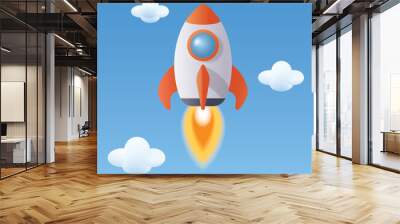 3D Rocket launch flying in the clouds sky on blue background. Toy spaceship simple cartoon design. Startup Business concept. Vector illustration. Wall mural