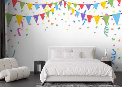 Celebrate hanging triangular garlands with confetti. Colorful perspective flags party isolated on white background. Birthday, Christmas, anniversary, and festival fair concept. Vector illustration. Wall mural