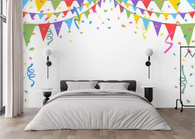 Celebrate hanging triangular garlands with confetti. Colorful perspective flags party isolated on white background. Birthday, Christmas, anniversary, and festival fair concept. Vector illustration. Wall mural