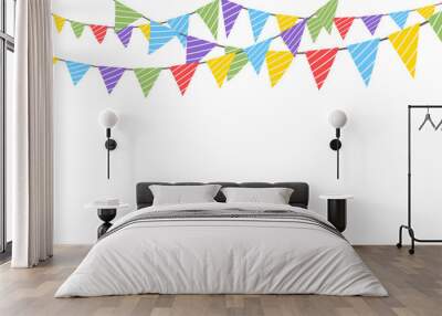 Celebrate hanging triangular garlands. Colorful perspective flags party isolated on white background. Birthday, Christmas, anniversary, and festival fair concept. Vector illustration flat design. Wall mural