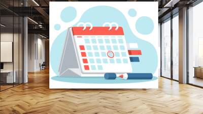 Red pen marks the date, holiday, priority, important, reminder day on calendar concept on blue  background. Vector illustration flat design for banner and poster. Wall mural