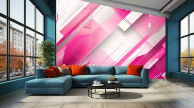 Abstract background with pink and white geometric shapes, digital illustration of overlapping lines and stripes in pastel colors. Wall mural