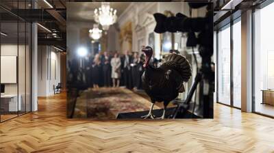 Two majestic turkeys strut at a reception house press conference amid applause, adorned with red crowns, evoking Macy's Thanksgiving Day spirit Wall mural