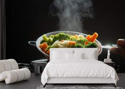 steaming of hot boiled vegetables. Basket of vegetables that just boiled from hot water with steam selective focus, soft focus. hot food, diet and healthy concept. Wall mural