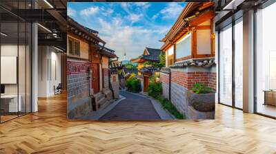 Morning atmosphere of Bukchon hanok village and seoul tower background,south korea. Wall mural