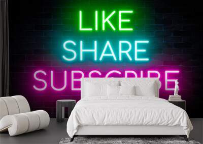 Like, share, subscribe neon banners on bricks wall background, light signboard followers, and social media content channels. Wall mural