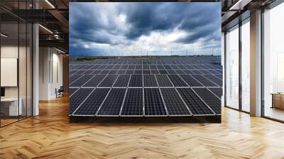 Photovoltaic modules solar power plant on dramatic sky background - Green alternative power energy concept to reduce global warming and climate change Wall mural