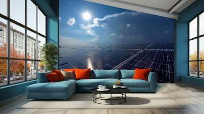 Photovoltaic modules solar power plant on dramatic sky background - Green alternative power energy concept to reduce global warming and climate change Wall mural