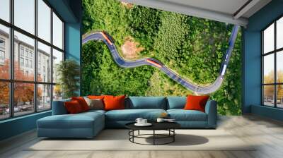 Transporting wind turbine propeller through curvy jungle road. Clean alternative energy to reduce global warming and climate change for sustainable growth. Wall mural