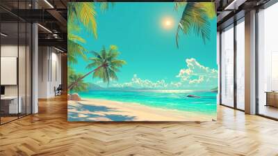 A digital illustration of a tropical beach scene with bright turquoise water, vivid green palm trees, and a golden sun shining in a clear blue sky Wall mural