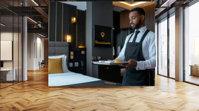 A modern resort room with waitstaff delivering room servic Wall mural