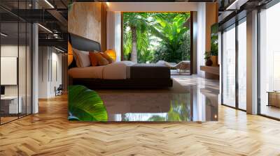 A natural resort room with housekeeping staff cleaning Wall mural