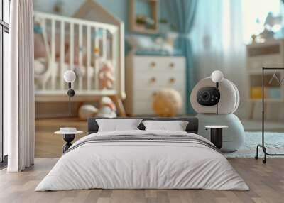 a photostock image of a digital baby monitor with augmented reality, showing camera quality, night vision, and two-way communication features in a modern nursery Wall mural