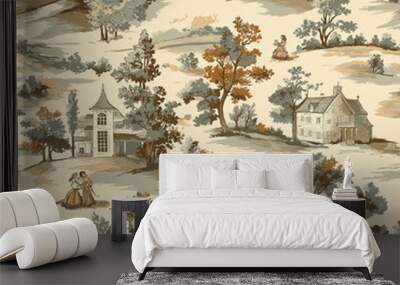 A Toile de Jouy seamless pattern in muted earth tones with rustic scenes and characters Wall mural