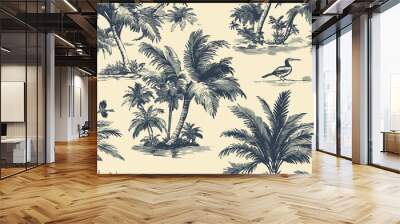 A tropical Toile de Jouy seamless pattern with palm trees and exotic birds Wall mural