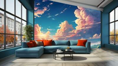 Anime fantasy wallpaper background concept : Dramatic orange and blue sunset paints the sky over majestic mountains, generative ai Wall mural