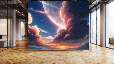 Anime fantasy wallpaper background concept : Dramatic orange and red colors fill the sky as the sun dips below the cloudy horizon, generative ai Wall mural