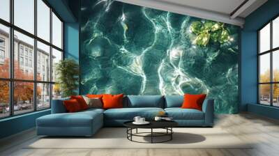  An overhead shot of aquatic plants under the water surface, featuring ripples on the water and slender strips of plants lying horizontally. Wall mural