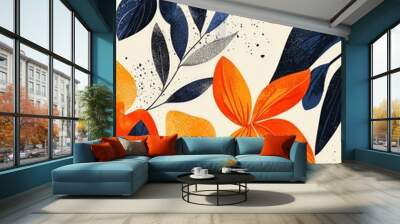 Abstract Floral Pattern with Orange and Blue Leaves Wall mural