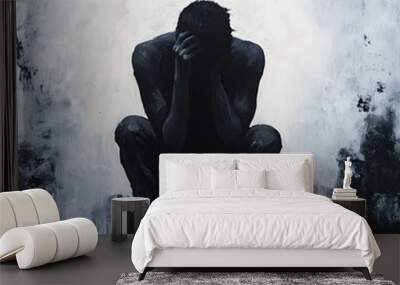 An image depicting anxiety, showing a person overwhelmed by swirling thoughts and worries, symbolizing the chaotic mental state often experienced. Wall mural