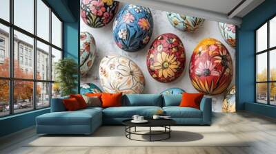 Colorful Floral Easter Eggs on Marble Background Wall mural