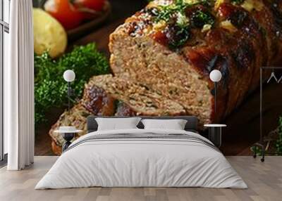 Delicious Roasted Meatloaf Slices with Parsley and Sauce Wall mural