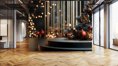 Festive Christmas Background with Decorated Tree and Bokeh Lights Wall mural