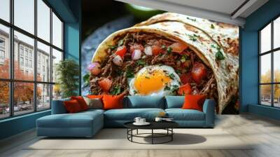 Machaca - Dried, shredded beef or pork, rehydrated and cooked with eggs, tomatoes, and onions, often served in burritos or tacos. Wall mural