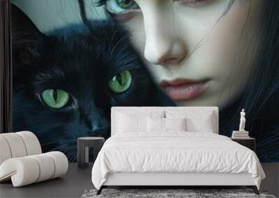 Mysterious Gothic Woman with Black Cat and Green Eyes Wall mural