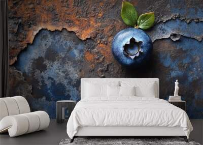 Single Blueberry on Rusty Metal Background Food Photography Blue and Brown Texture Wall mural