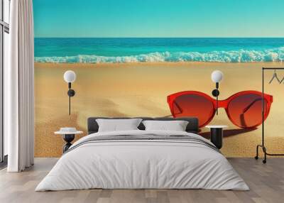 Summer Sunglasses on Beach Sand with Ocean Waves Wall mural