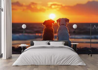 Tranquil Sunset Moment - Two Dogs Relaxing on Beach with Copy Space in Sky Wall mural