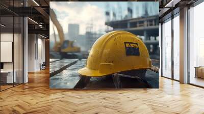 Yellow Hard Hat Construction Safety Equipment on Wooden Beams Wall mural