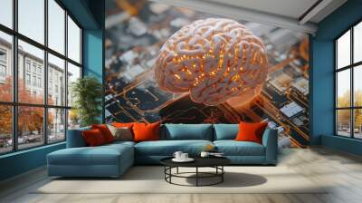 A brain is sitting on a computer board Wall mural