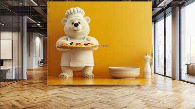 A cartoon bear wearing an apron and a chef hat is holding a pizza Wall mural