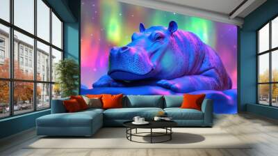 A colorful hippo is laying on a snowy surface Wall mural