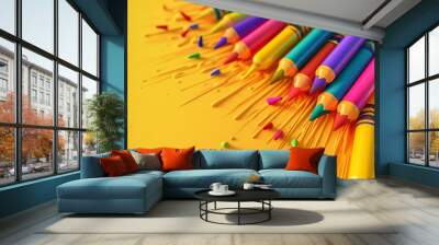 A colorful palette of crayons and paint is scattered on a colorful background Wall mural