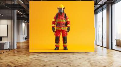 A firefighter in orange jumpsuit stands in front of a bright background Wall mural