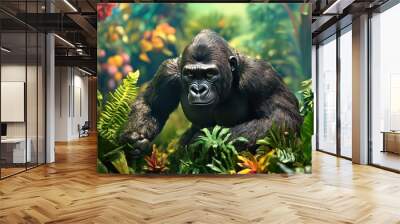 A large gorilla is sitting in a lush jungle with colorful foliage Wall mural