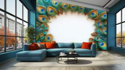 A large number of peacock feathers are arranged in a circle Wall mural