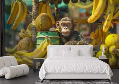 A monkey is sitting in front of a pile of bananas and coconuts Wall mural